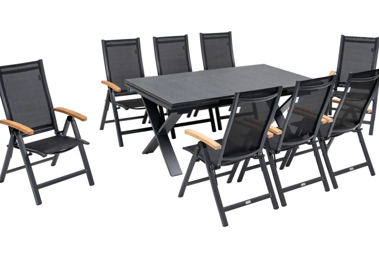 OUTFLEXX Garten-Essgruppe, OUTFLEXX® anthrazit matt, Alu / Spraystone / Teak, Tisch 180/280x100cm, 8 Klappstühle