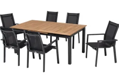 OUTFLEXX Garten-Essgruppe, OUTFLEXX® anthrazit matt, Alu / Teak / Textil, Ausziehtisch 180/240x100cm, 6 Stapelsessel