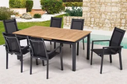 OUTFLEXX Garten-Essgruppe, OUTFLEXX® anthrazit matt, Alu / Teak / Textil, Ausziehtisch 180/240x100cm, 6 Stapelsessel