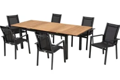 OUTFLEXX Garten-Essgruppe, OUTFLEXX® anthrazit matt, Alu / Teak / Textil, Ausziehtisch 180/240x100cm, 6 Stapelsessel