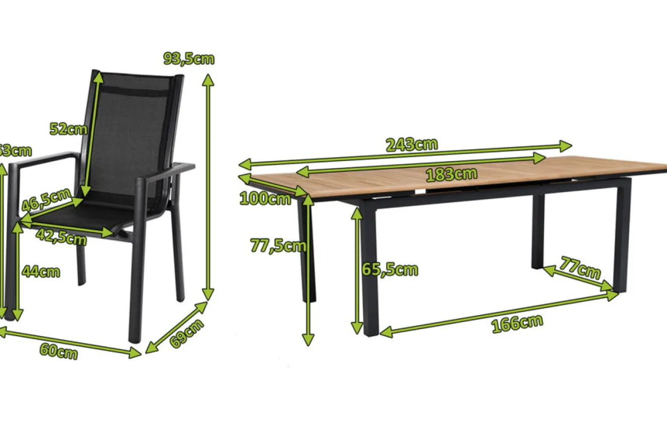 OUTFLEXX Garten-Essgruppe, OUTFLEXX® anthrazit matt, Alu / Teak / Textil, Ausziehtisch 180/240x100cm, 6 Stapelsessel