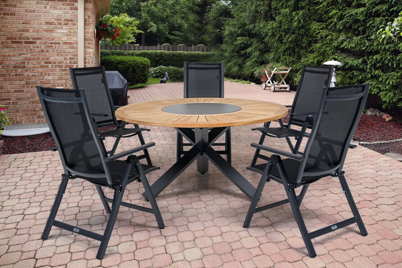 OUTFLEXX Garten-Essgruppe, OUTFLEXX® anthrazit matt, Alu / Teak / Textil, Esstisch Ø 150 cm, 5 Klappstühle