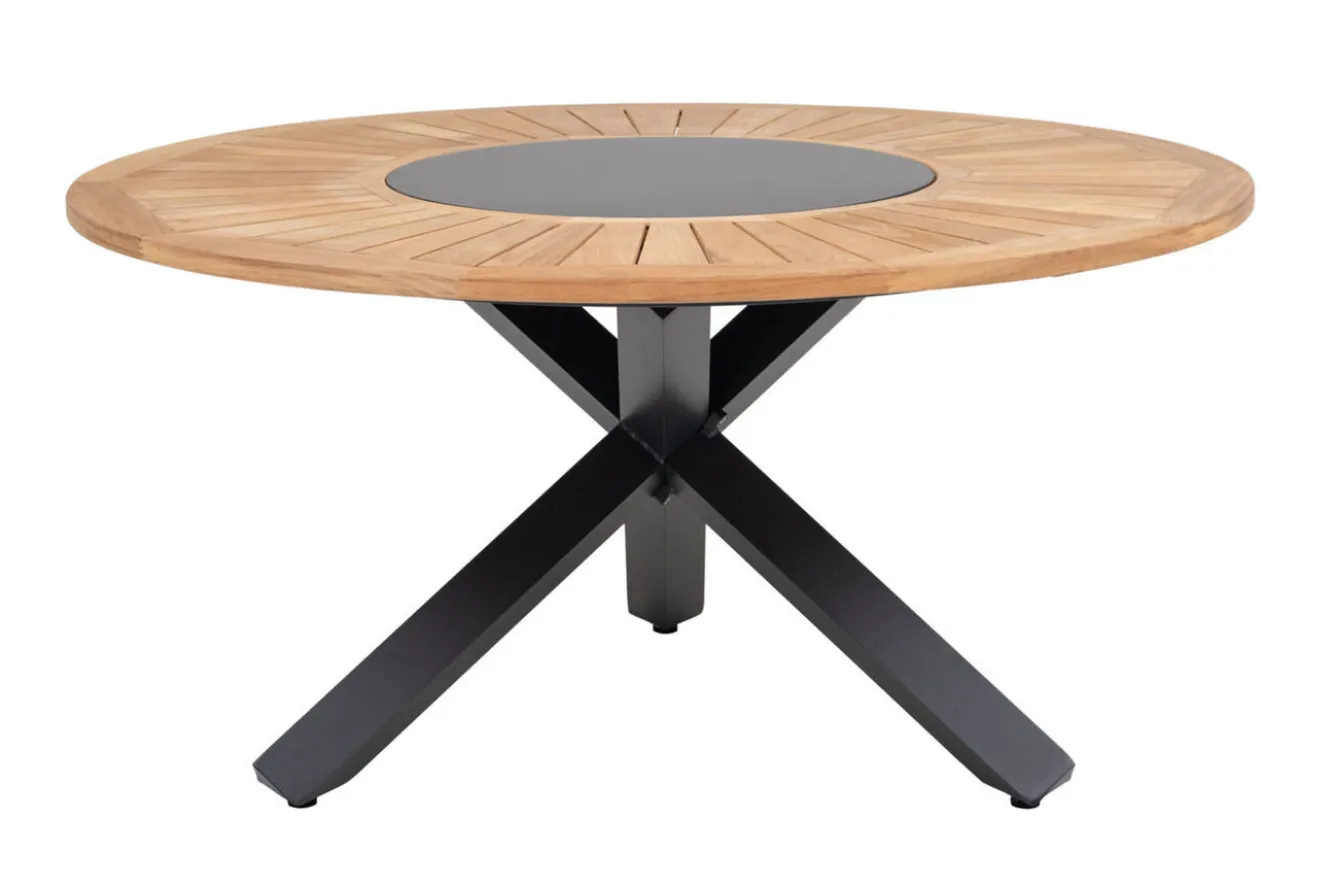 OUTFLEXX Garten-Essgruppe, OUTFLEXX® anthrazit matt, Alu / Teak / Textil, Esstisch Ø 150 cm, 5 Klappstühle
