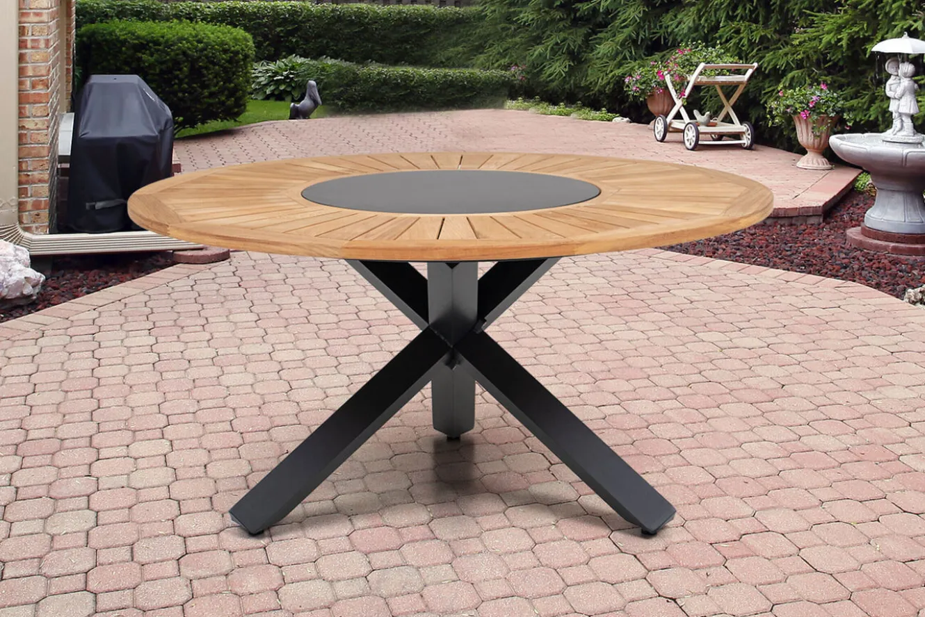 OUTFLEXX Garten-Essgruppe, OUTFLEXX® anthrazit matt, Alu / Teak / Textil, Esstisch Ø 150 cm, 5 Klappstühle