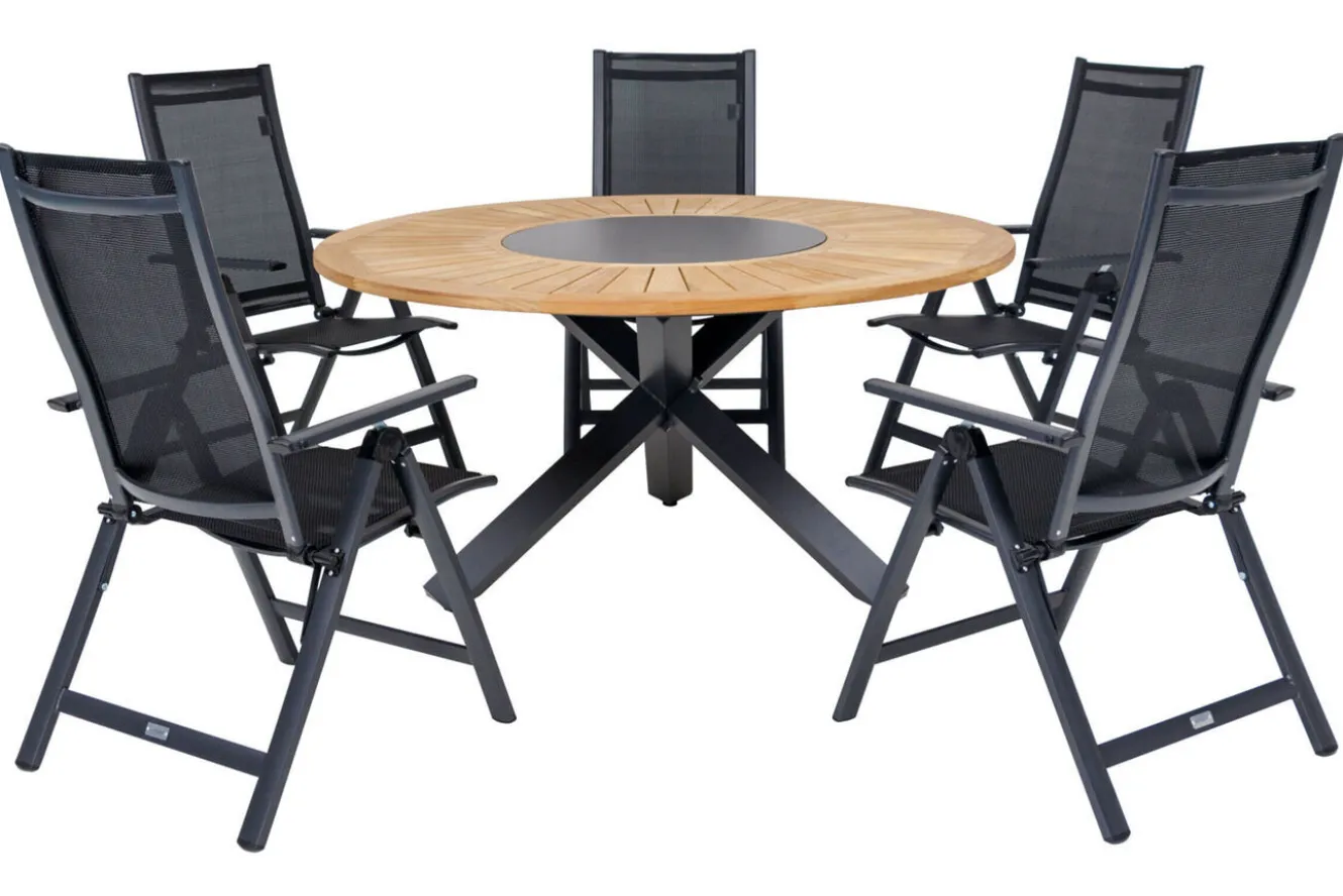 OUTFLEXX Garten-Essgruppe, OUTFLEXX® anthrazit matt, Alu / Teak / Textil, Esstisch Ø 150 cm, 5 Klappstühle