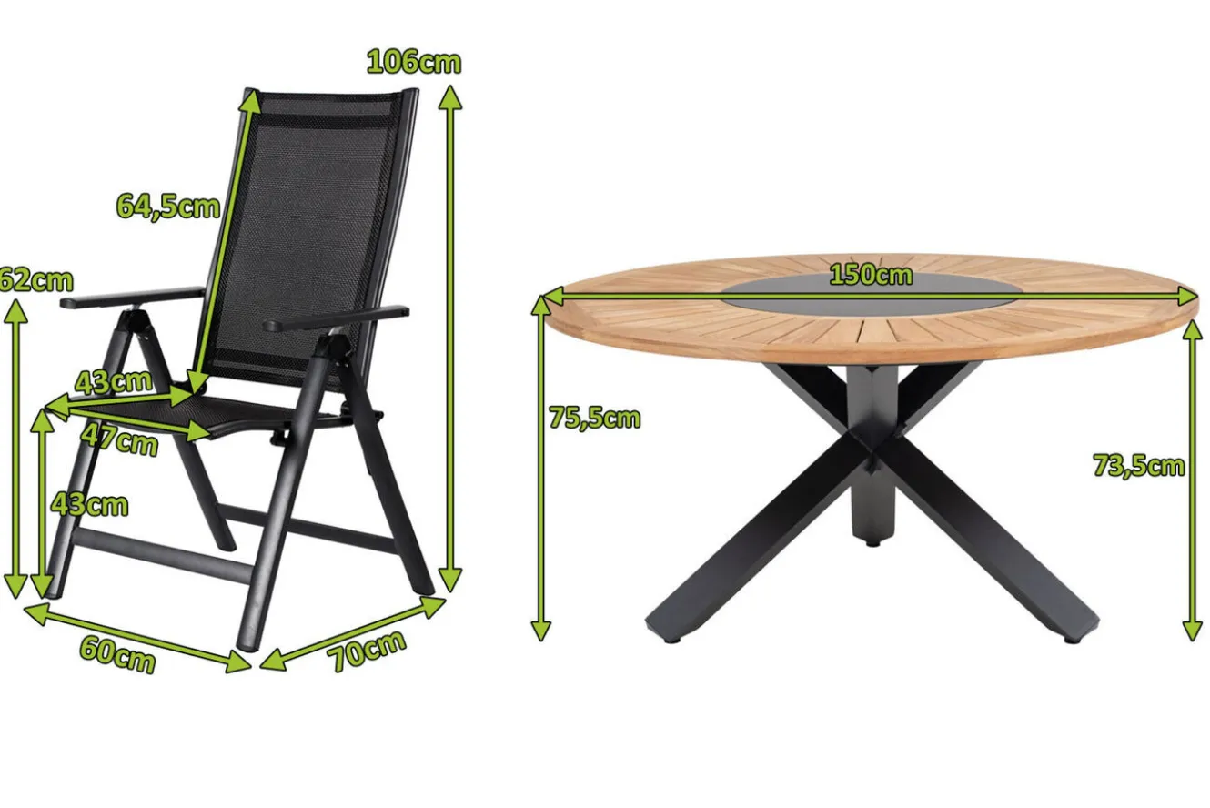OUTFLEXX Garten-Essgruppe, OUTFLEXX® anthrazit matt, Alu / Teak / Textil, Esstisch Ø 150 cm, 5 Klappstühle