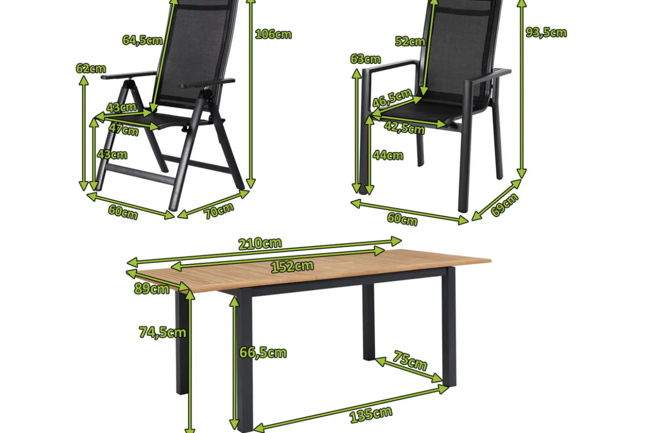 OUTFLEXX Garten-Essgruppe, OUTFLEXX® anthrazit matt, Alu / Teak / Textil, Ausziehtisch 150/210 x 90 cm, 6 Stapelsessel, 2 Klappstühle