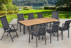 OUTFLEXX Garten-Essgruppe, OUTFLEXX® anthrazit matt, Alu / Teak / Textil, Ausziehtisch 150/210 x 90 cm, 6 Stapelsessel, 2 Klappstühle