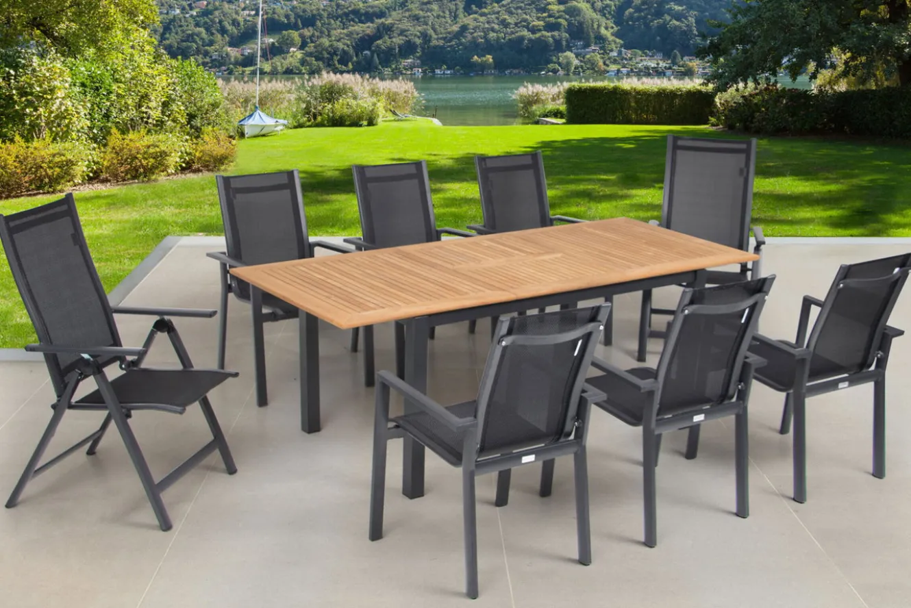 OUTFLEXX Garten-Essgruppe, OUTFLEXX® anthrazit matt, Alu / Teak / Textil, Ausziehtisch 150/210 x 90 cm, 6 Stapelsessel, 2 Klappstühle