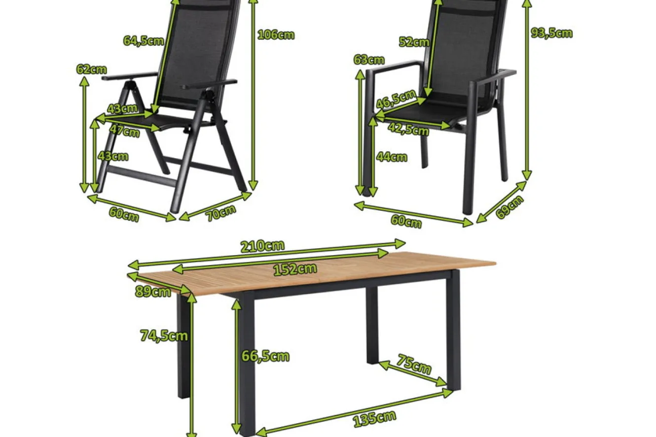 OUTFLEXX Garten-Essgruppe, OUTFLEXX® anthrazit matt, Alu / Teak / Textil, Ausziehtisch 150/210 x 90 cm, 6 Stapelsessel, 2 Klappstühle