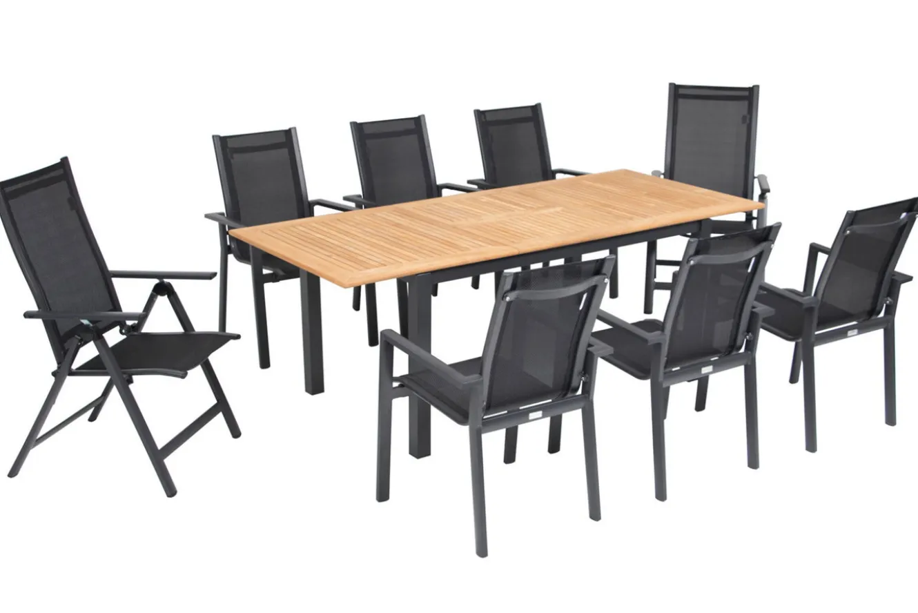 OUTFLEXX Garten-Essgruppe, OUTFLEXX® anthrazit matt, Alu / Teak / Textil, Ausziehtisch 150/210 x 90 cm, 6 Stapelsessel, 2 Klappstühle