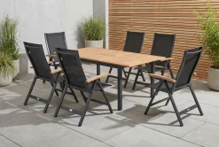 OUTFLEXX Garten-Essgruppe, OUTFLEXX® anthrazit matt, Alu / Teak / Textil, Tisch 150/210x90cm, 6 Klappstühle