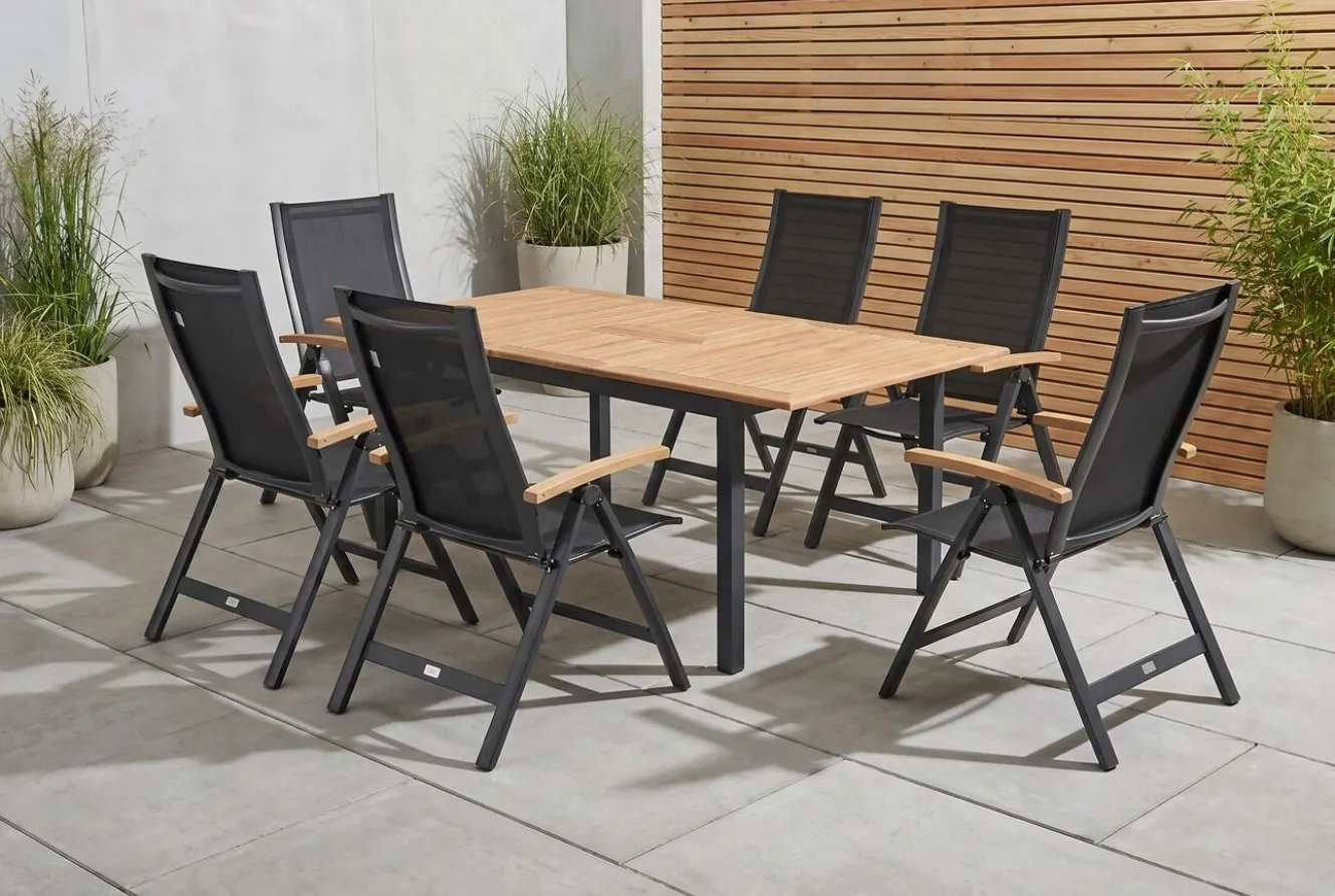 OUTFLEXX Garten-Essgruppe, OUTFLEXX® anthrazit matt, Alu / Teak / Textil, Tisch 150/210x90cm, 6 Klappstühle