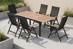 OUTFLEXX Garten-Essgruppe, OUTFLEXX® anthrazit matt, Alu / Teak / Textil, Tisch 150/210x90cm, 6 Klappstühle