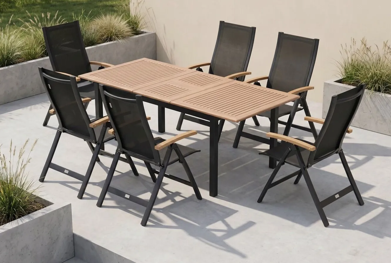 OUTFLEXX Garten-Essgruppe, OUTFLEXX® anthrazit matt, Alu / Teak / Textil, Tisch 150/210x90cm, 6 Klappstühle