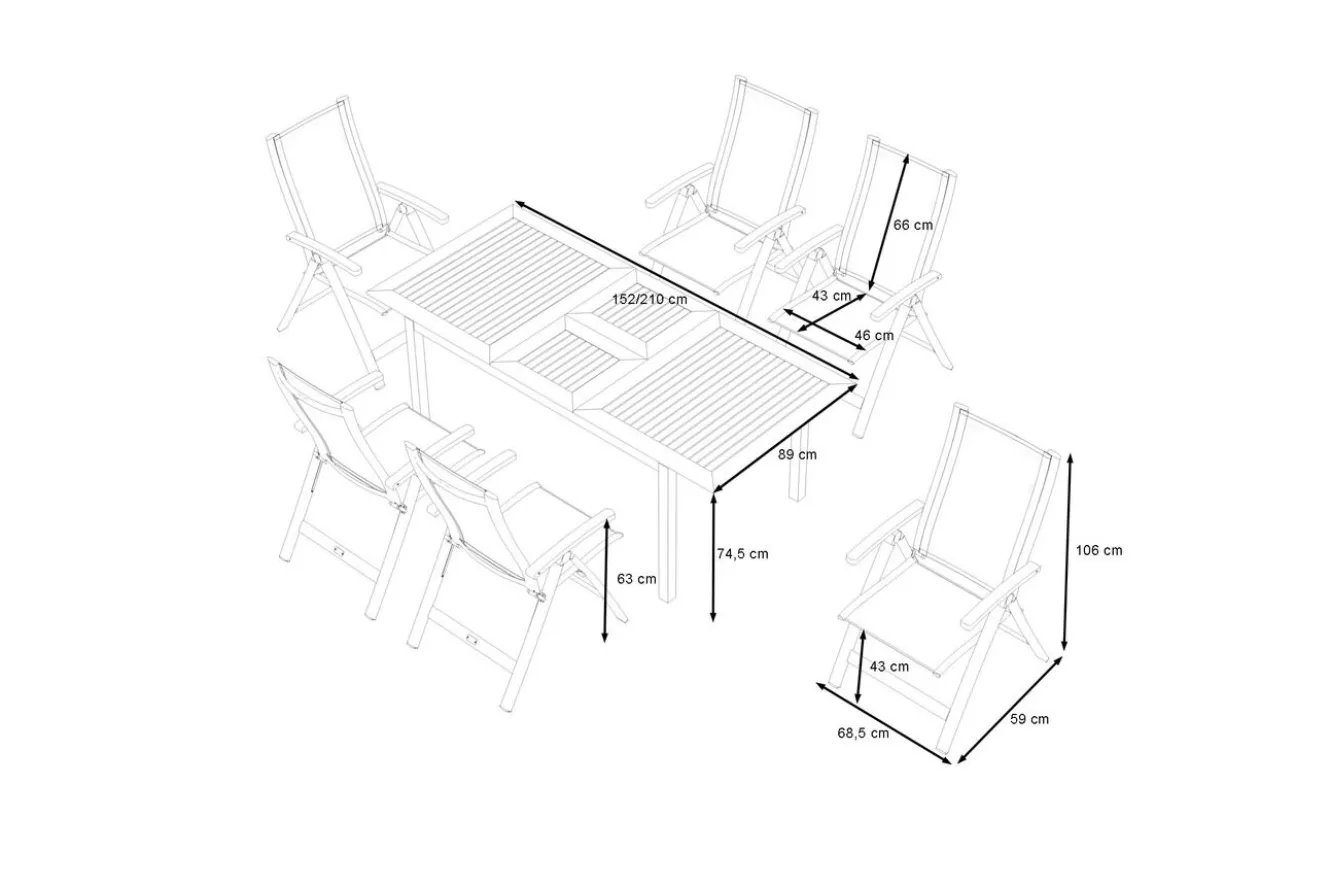 OUTFLEXX Garten-Essgruppe, OUTFLEXX® anthrazit matt, Alu / Teak / Textil, Tisch 150/210x90cm, 6 Klappstühle