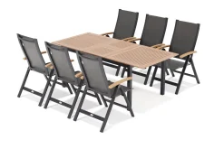 OUTFLEXX Garten-Essgruppe, OUTFLEXX® anthrazit matt, Alu / Teak / Textil, Tisch 150/210x90cm, 6 Klappstühle