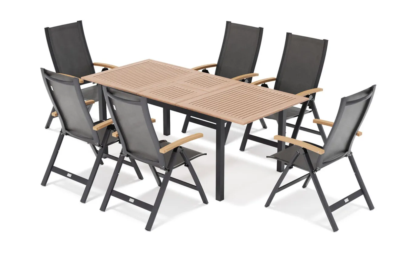 OUTFLEXX Garten-Essgruppe, OUTFLEXX® anthrazit matt, Alu / Teak / Textil, Tisch 150/210x90cm, 6 Klappstühle
