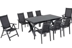 OUTFLEXX Garten-Essgruppe, OUTFLEXX® anthrazit matt, Alu / Spraystone / Textil, Tisch 180/280 x 100 cm, 6 Stapelsessel, 2 Klappstühle