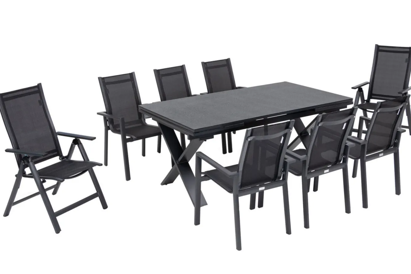 OUTFLEXX Garten-Essgruppe, OUTFLEXX® anthrazit matt, Alu / Spraystone / Textil, Tisch 180/280 x 100 cm, 6 Stapelsessel, 2 Klappstühle