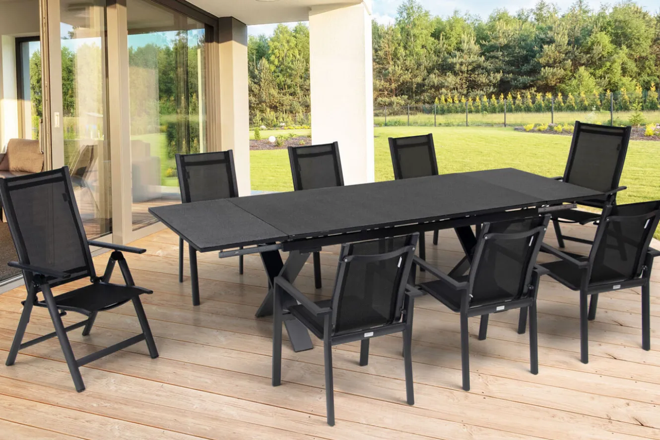 OUTFLEXX Garten-Essgruppe, OUTFLEXX® anthrazit matt, Alu / Spraystone / Textil, Tisch 180/280 x 100 cm, 6 Stapelsessel, 2 Klappstühle