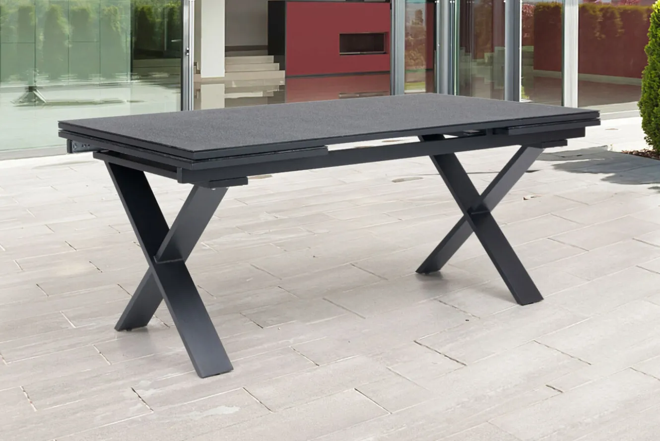 OUTFLEXX Garten-Essgruppe, OUTFLEXX® anthrazit matt, Alu / Spraystone / Textil, Tisch 180/280 x 100 cm, 6 Stapelsessel, 2 Klappstühle