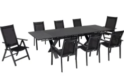 OUTFLEXX Garten-Essgruppe, OUTFLEXX® anthrazit matt, Alu / Spraystone / Textil, Tisch 180/280 x 100 cm, 6 Stapelsessel, 2 Klappstühle