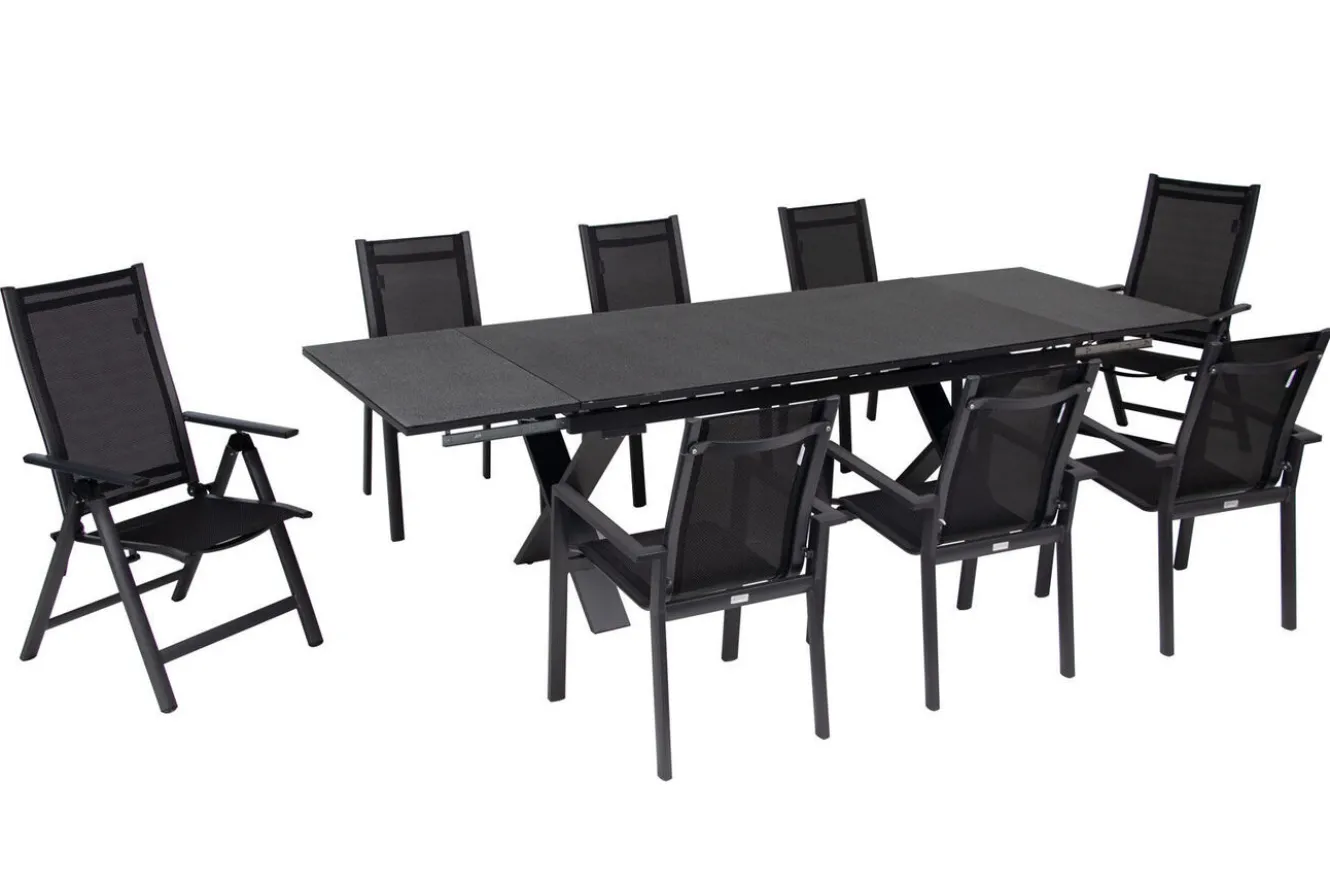 OUTFLEXX Garten-Essgruppe, OUTFLEXX® anthrazit matt, Alu / Spraystone / Textil, Tisch 180/280 x 100 cm, 6 Stapelsessel, 2 Klappstühle