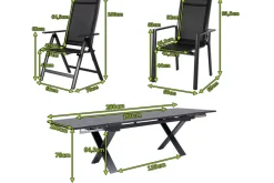 OUTFLEXX Garten-Essgruppe, OUTFLEXX® anthrazit matt, Alu / Spraystone / Textil, Tisch 180/280 x 100 cm, 6 Stapelsessel, 2 Klappstühle
