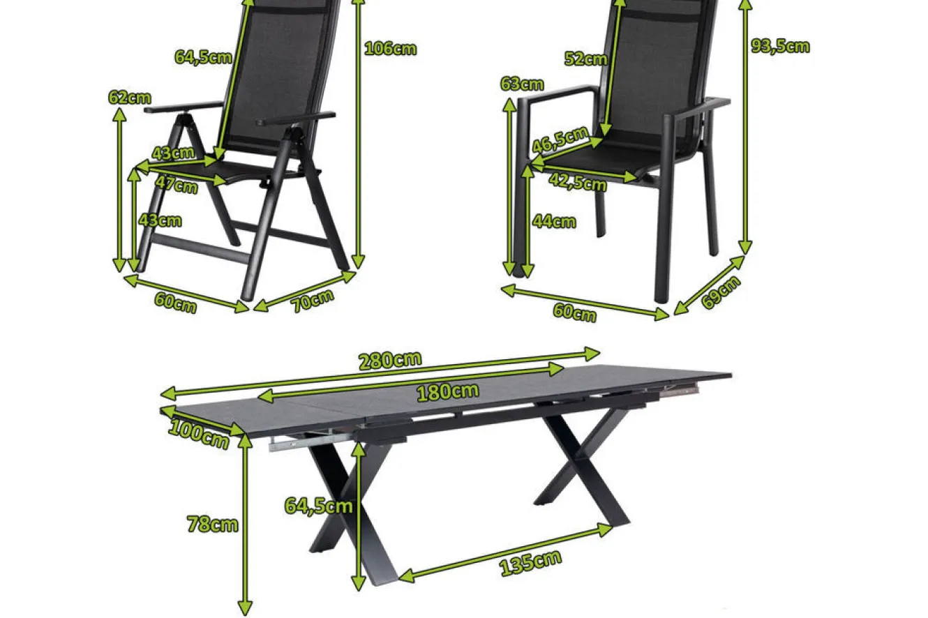 OUTFLEXX Garten-Essgruppe, OUTFLEXX® anthrazit matt, Alu / Spraystone / Textil, Tisch 180/280 x 100 cm, 6 Stapelsessel, 2 Klappstühle