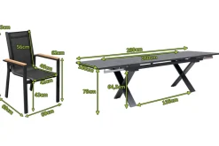 OUTFLEXX Garten-Essgruppe, OUTFLEXX® anthrazit matt, Alu / Spraystone / Teak, Tisch 180/280x100cm, 6 Stapelsessel
