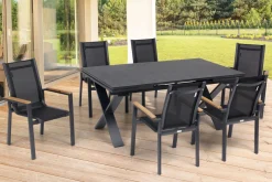 OUTFLEXX Garten-Essgruppe, OUTFLEXX® anthrazit matt, Alu / Spraystone / Teak, Tisch 180/280x100cm, 6 Stapelsessel