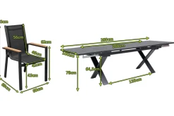 OUTFLEXX Garten-Essgruppe, OUTFLEXX® anthrazit matt, Alu / Spraystone / Teak, Tisch 180/280x100cm, 6 Stapelsessel