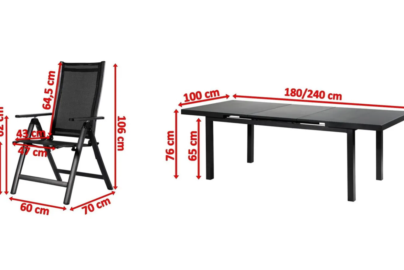 OUTFLEXX Garten-Essgruppe, 6 Personen, ausziehbarer Tisch 180–240 cm, Aluminium/Textilene