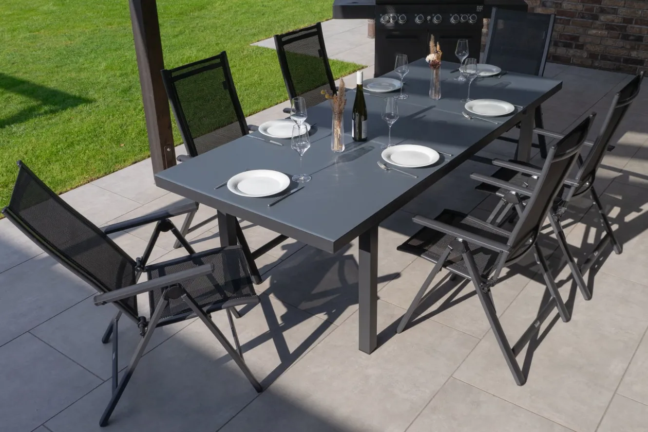 OUTFLEXX Garten-Essgruppe, 6 Personen, ausziehbarer Tisch 180–240 cm, Aluminium/Textilene