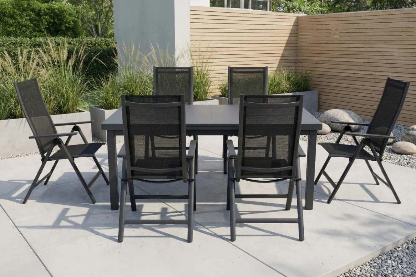 OUTFLEXX Garten-Essgruppe, 6 Personen, ausziehbarer Tisch 180–240 cm, Aluminium/Textilene