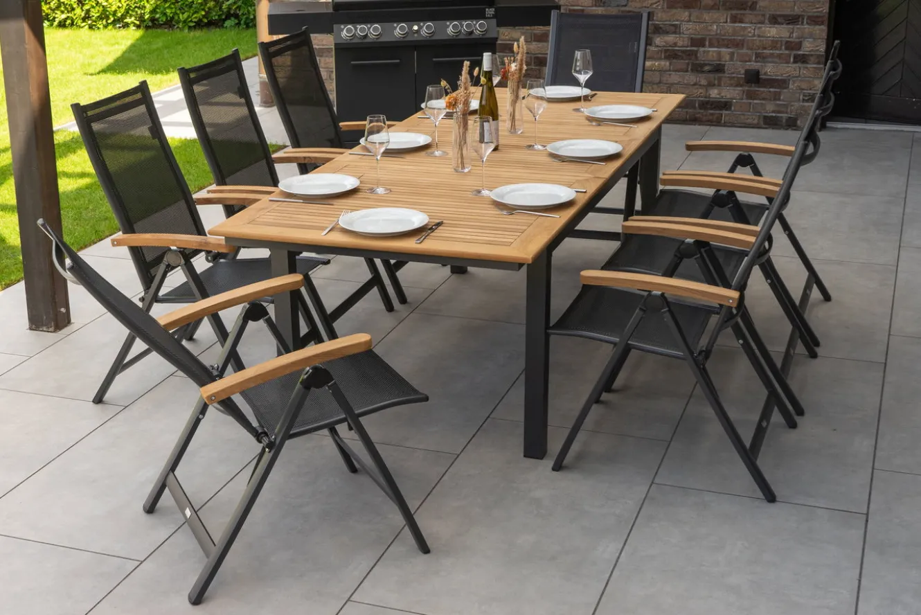 OUTFLEXX Garten-Essgruppe, 8 Personen, ausziehbarer Tisch 180–240 cm, Aluminium/Teakholz FSC®-zertifiziert