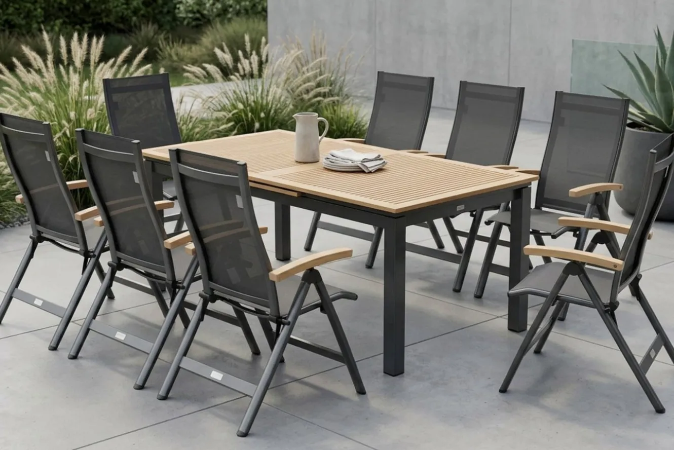OUTFLEXX Garten-Essgruppe, 8 Personen, ausziehbarer Tisch 180–240 cm, Aluminium/Teakholz FSC®-zertifiziert