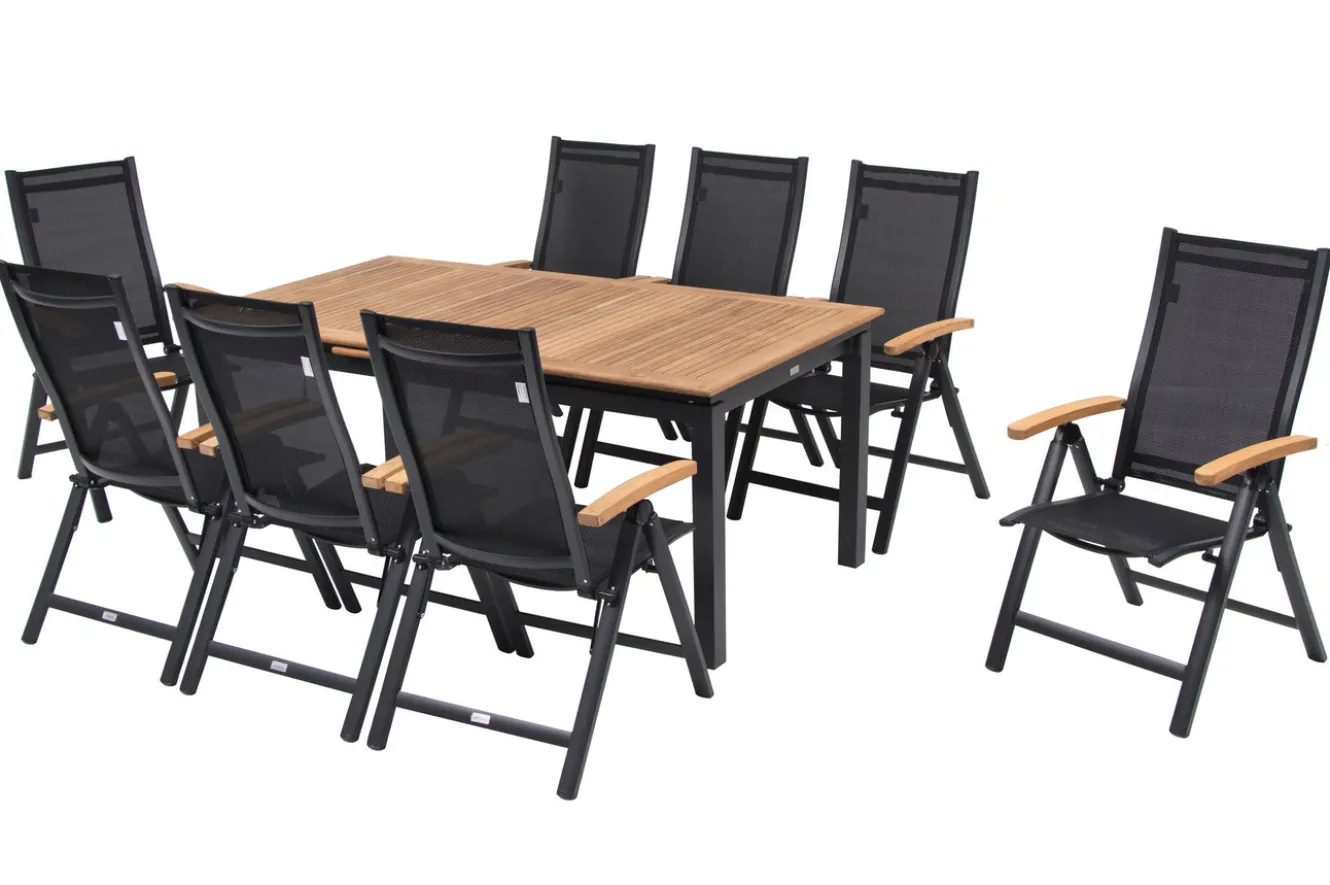 OUTFLEXX Garten-Essgruppe, 8 Personen, ausziehbarer Tisch 180–240 cm, Aluminium/Teakholz FSC®-zertifiziert