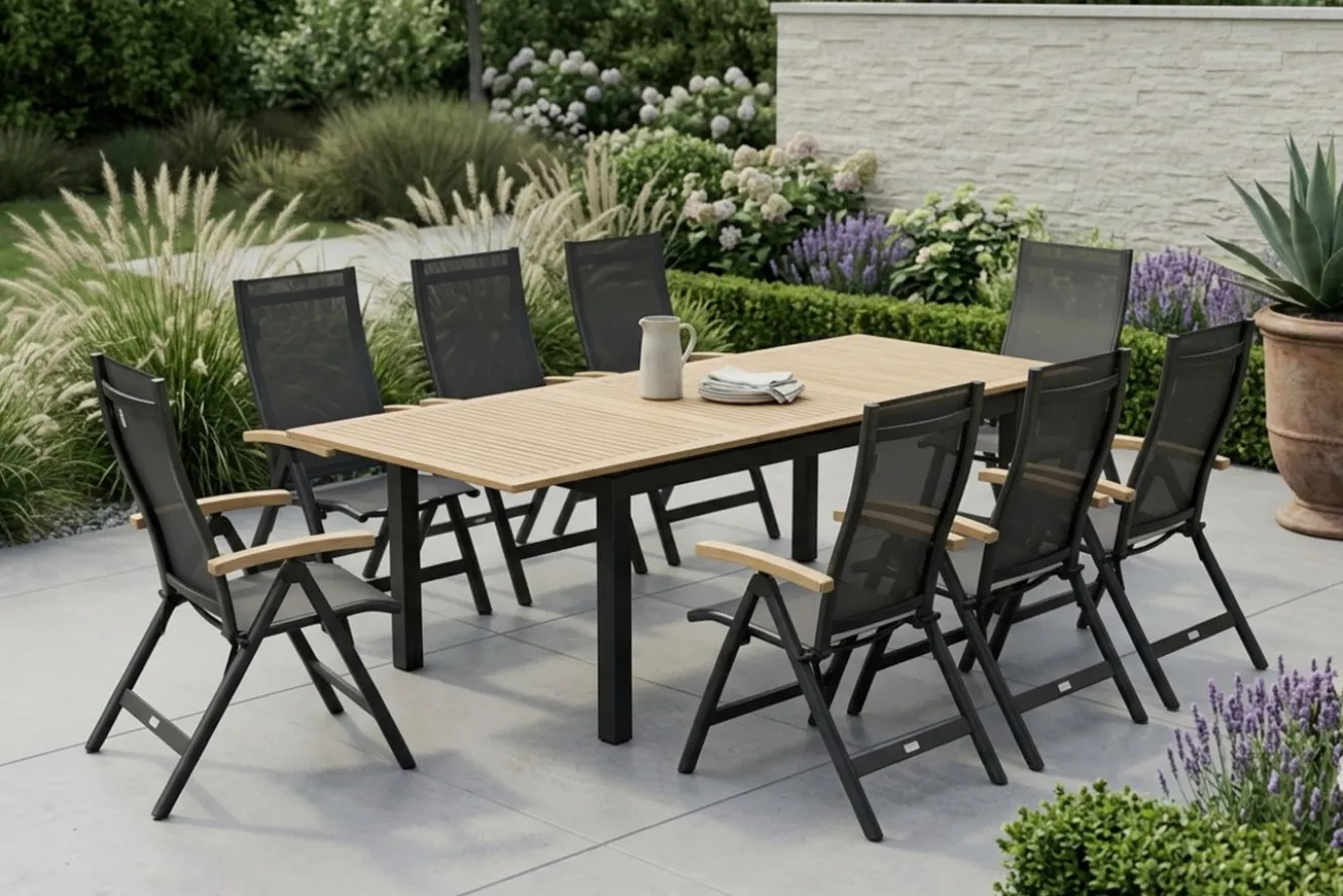 OUTFLEXX Garten-Essgruppe, 8 Personen, ausziehbarer Tisch 180–240 cm, Aluminium/Teakholz FSC®-zertifiziert