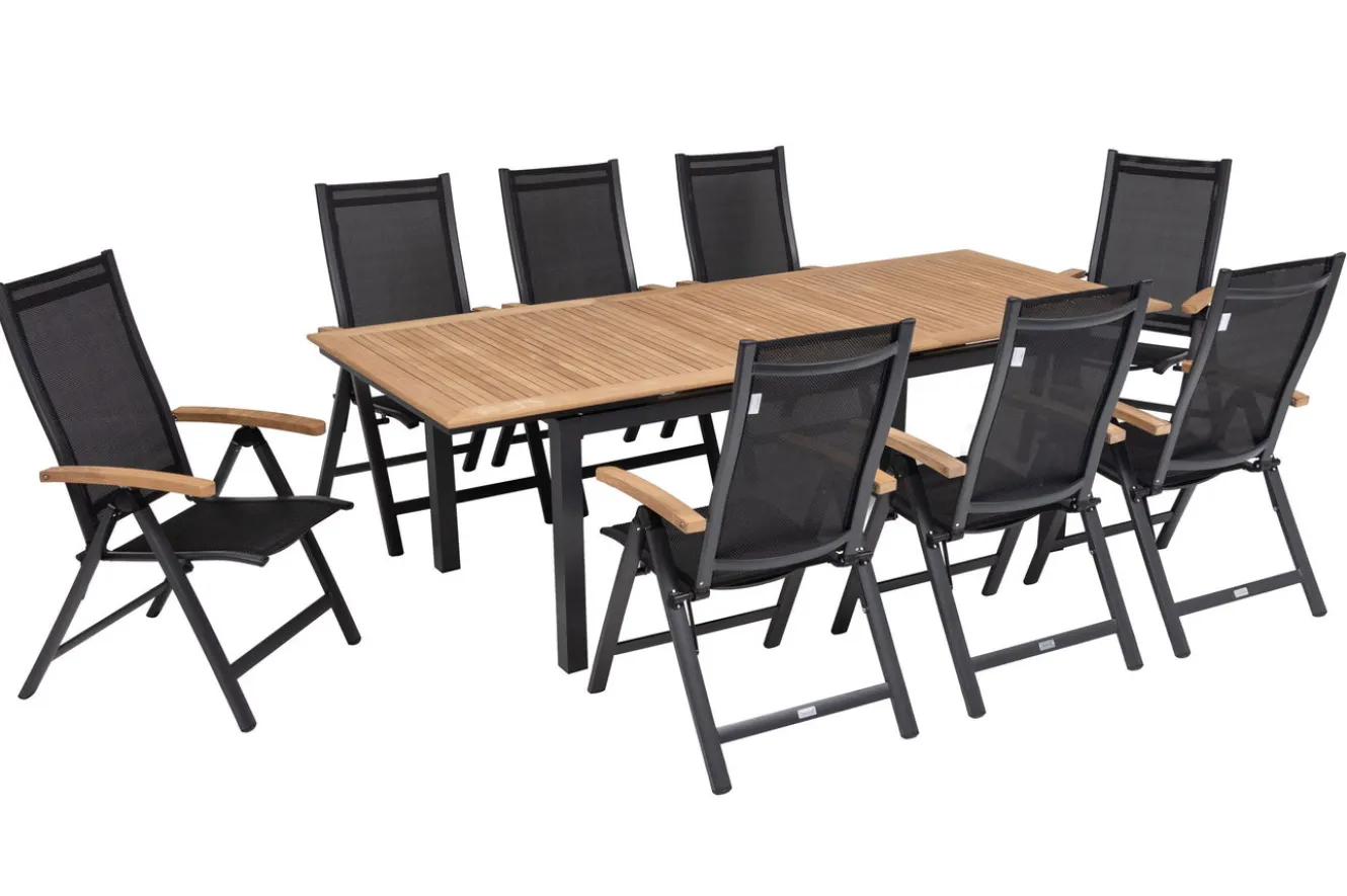 OUTFLEXX Garten-Essgruppe, 8 Personen, ausziehbarer Tisch 180–240 cm, Aluminium/Teakholz FSC®-zertifiziert