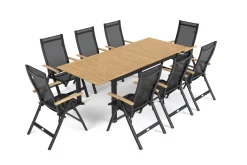 OUTFLEXX Garten-Essgruppe, 8 Personen, ausziehbarer Tisch 180–240 cm, Aluminium/Teakholz FSC®-zertifiziert