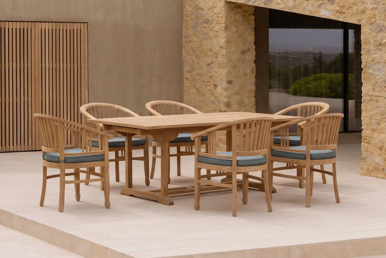 OUTFLEXX Garten-Essgruppe, 6 Personen, ausziehbarer Tisch 160–210 cm, Teakholz, inkl. Polster