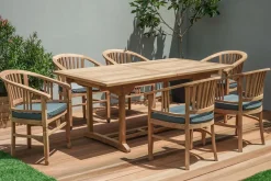 OUTFLEXX Garten-Essgruppe, 6 Personen, ausziehbarer Tisch 160–210 cm, Teakholz, inkl. Polster