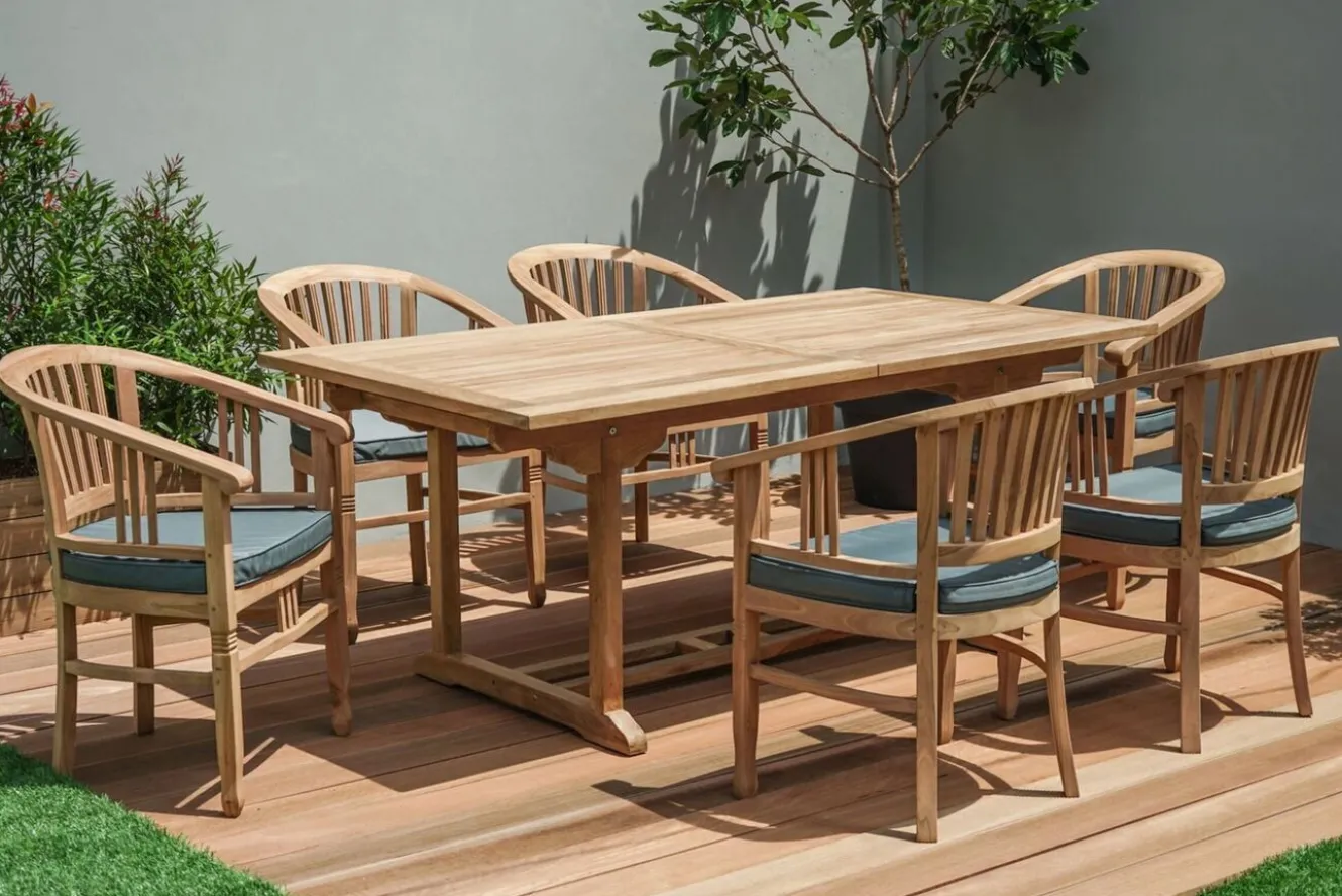 OUTFLEXX Garten-Essgruppe, 6 Personen, ausziehbarer Tisch 160–210 cm, Teakholz, inkl. Polster