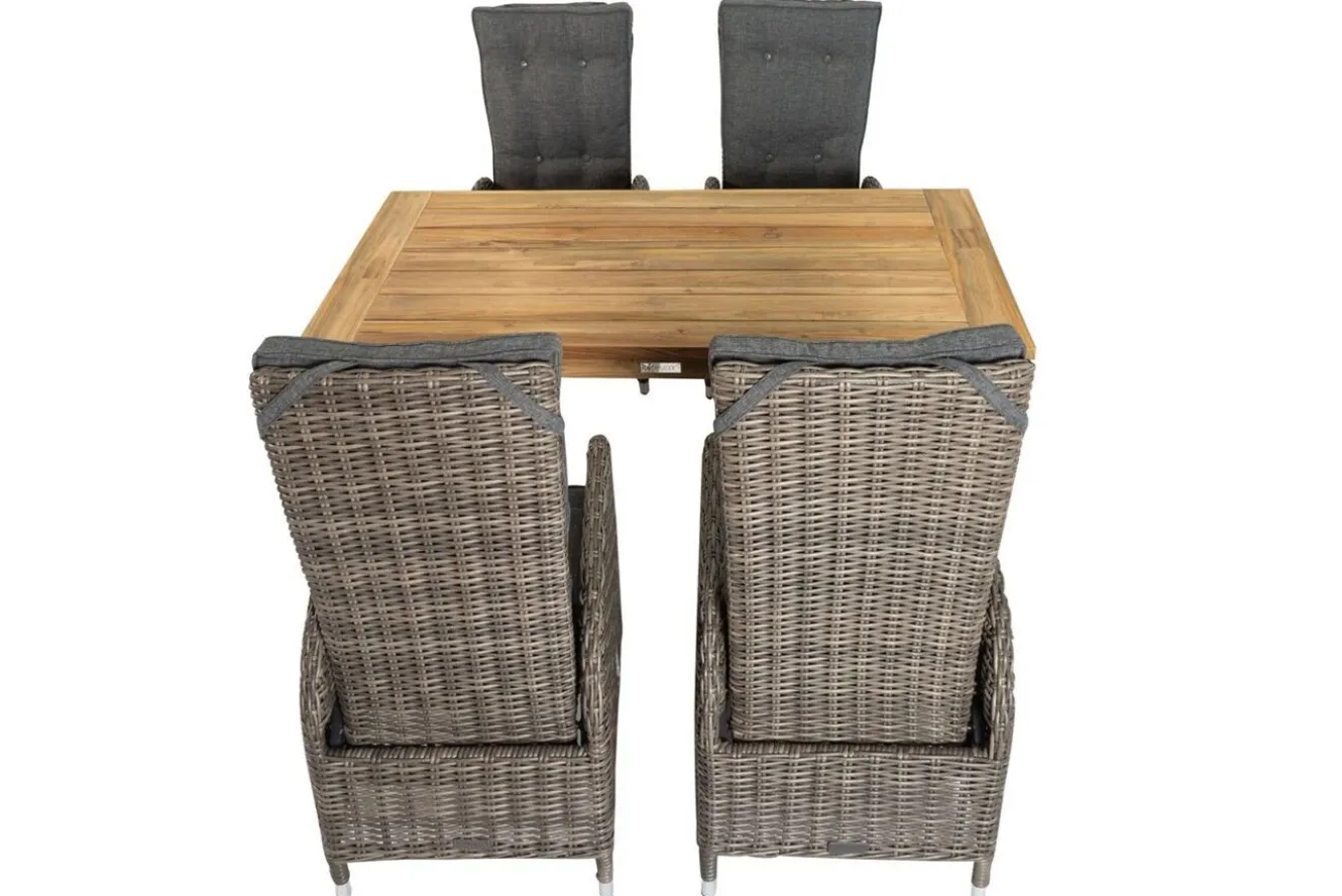 OUTFLEXX Garten-Essgruppe, Polyrattan/recyceltes Teak, Tisch 160 x 90 cm, 4 Hochlehner- Diningsessel, inkl. Polster, FSC®-zertifiziertes Produkt