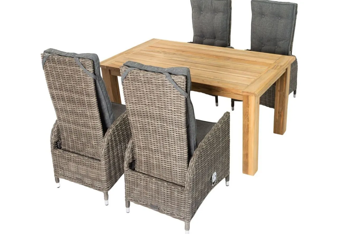 OUTFLEXX Garten-Essgruppe, Polyrattan/recyceltes Teak, Tisch 160 x 90 cm, 4 Hochlehner- Diningsessel, inkl. Polster, FSC®-zertifiziertes Produkt