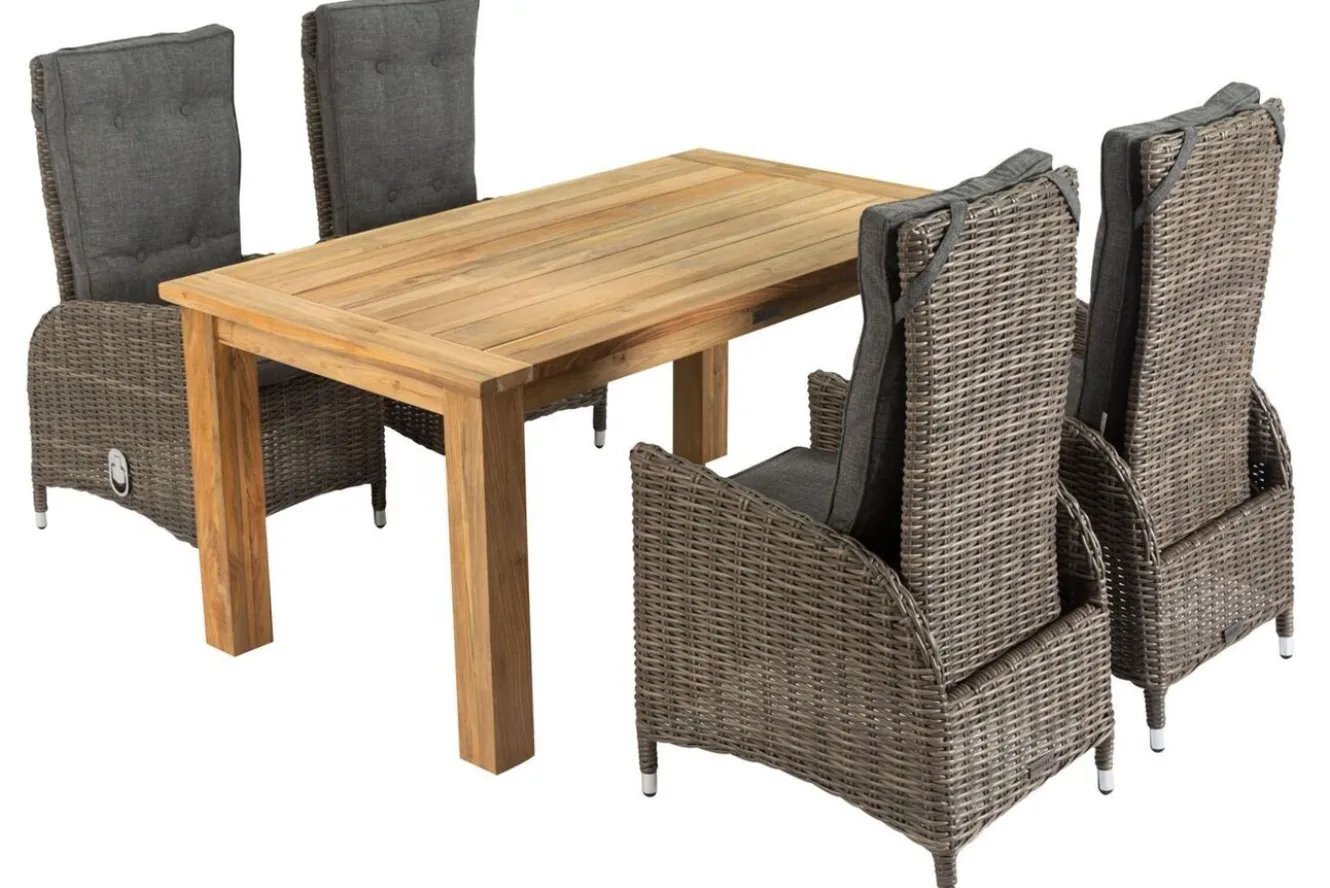 OUTFLEXX Garten-Essgruppe, Polyrattan/recyceltes Teak, Tisch 160 x 90 cm, 4 Hochlehner- Diningsessel, inkl. Polster, FSC®-zertifiziertes Produkt