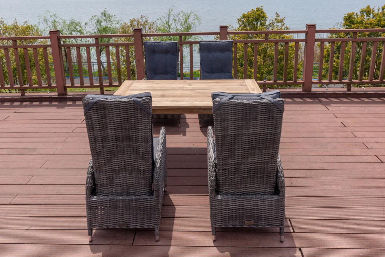 OUTFLEXX Garten-Essgruppe, Polyrattan/recyceltes Teak, Tisch 160 x 90 cm, 4 Hochlehner- Diningsessel, inkl. Polster, FSC®-zertifiziertes Produkt