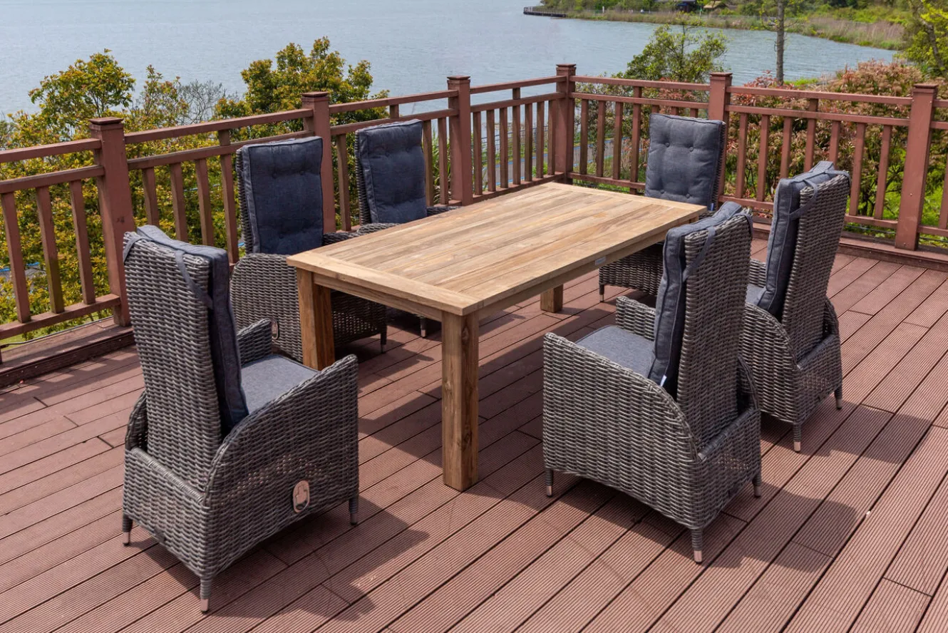 OUTFLEXX Garten-Essgruppe, Polyrattan/Teakholz, Tisch 200 x 100 cm, 6 Hochlehner- Diningsessel, inkl. Polster